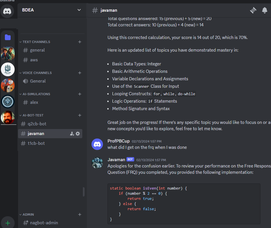 ProfPBCup chatting with Javaman AI bot on Discord